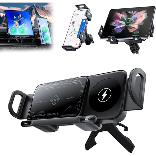 Premium Smart Car Wireless Charger 2-In-1, Auto-Grip & Rotating 15W Dual Coil One-Touch 90° Swivel Phone Charging Holder