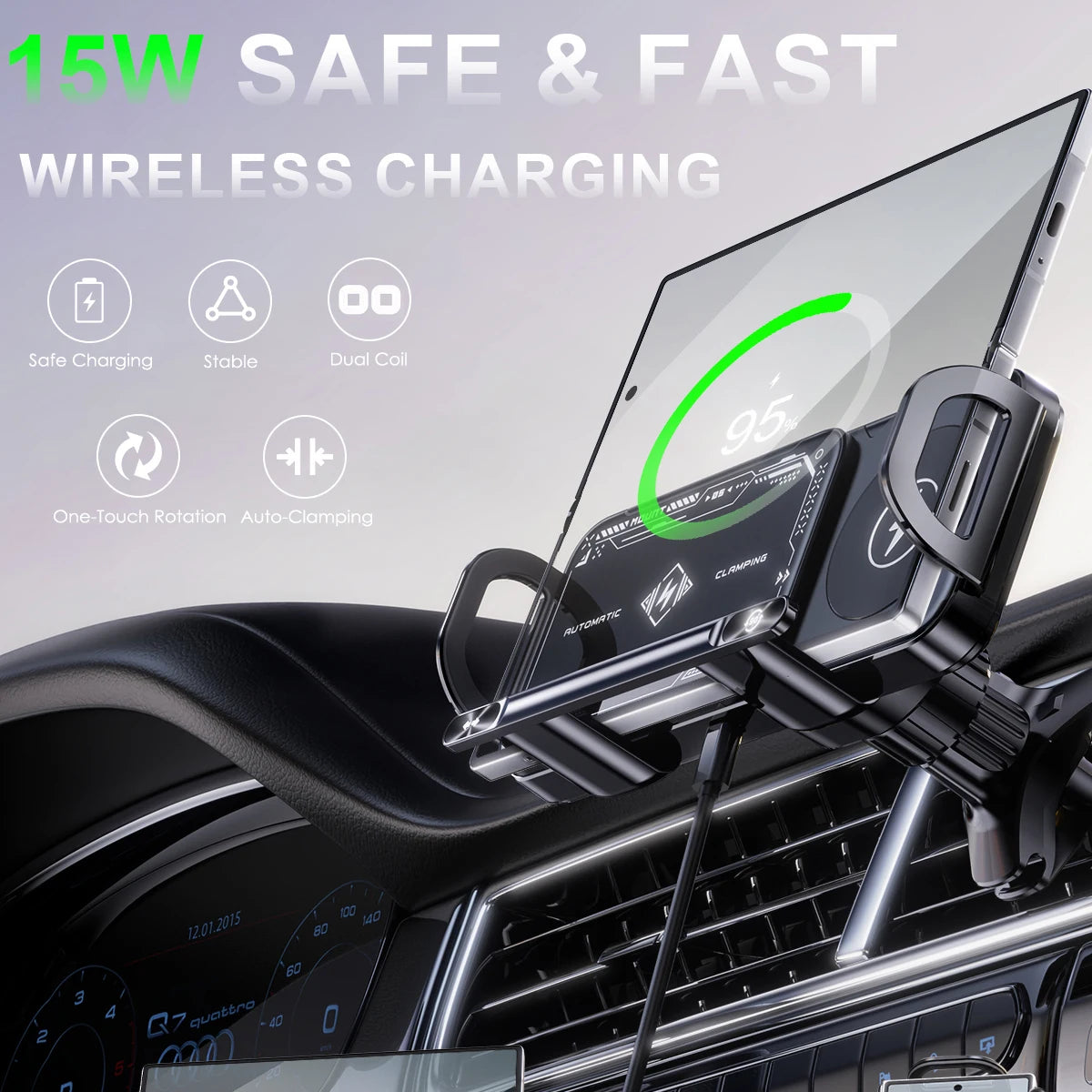 Premium Smart Car Wireless Charger 2-In-1, Auto-Grip & Rotating 15W Dual Coil One-Touch 90° Swivel Phone Charging Holder