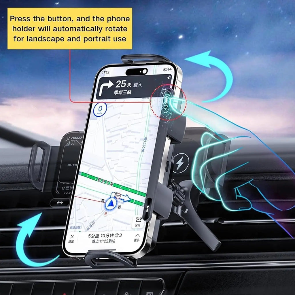 Premium Smart Car Wireless Charger 2-In-1, Auto-Grip & Rotating 15W Dual Coil One-Touch 90° Swivel Phone Charging Holder