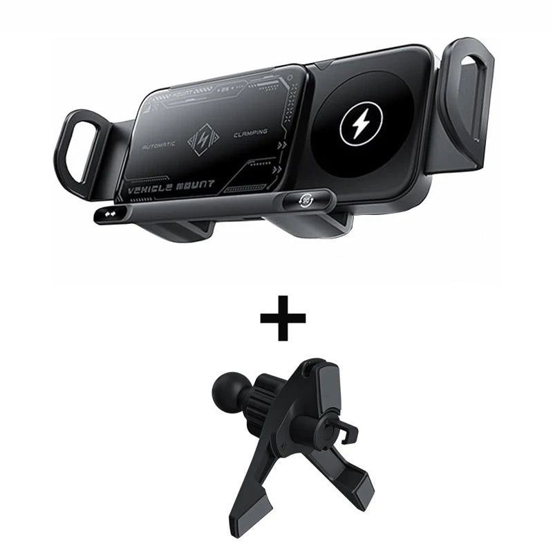 Premium Smart Car Wireless Charger 2-In-1, Auto-Grip & Rotating 15W Dual Coil One-Touch 90° Swivel Phone Charging Holder